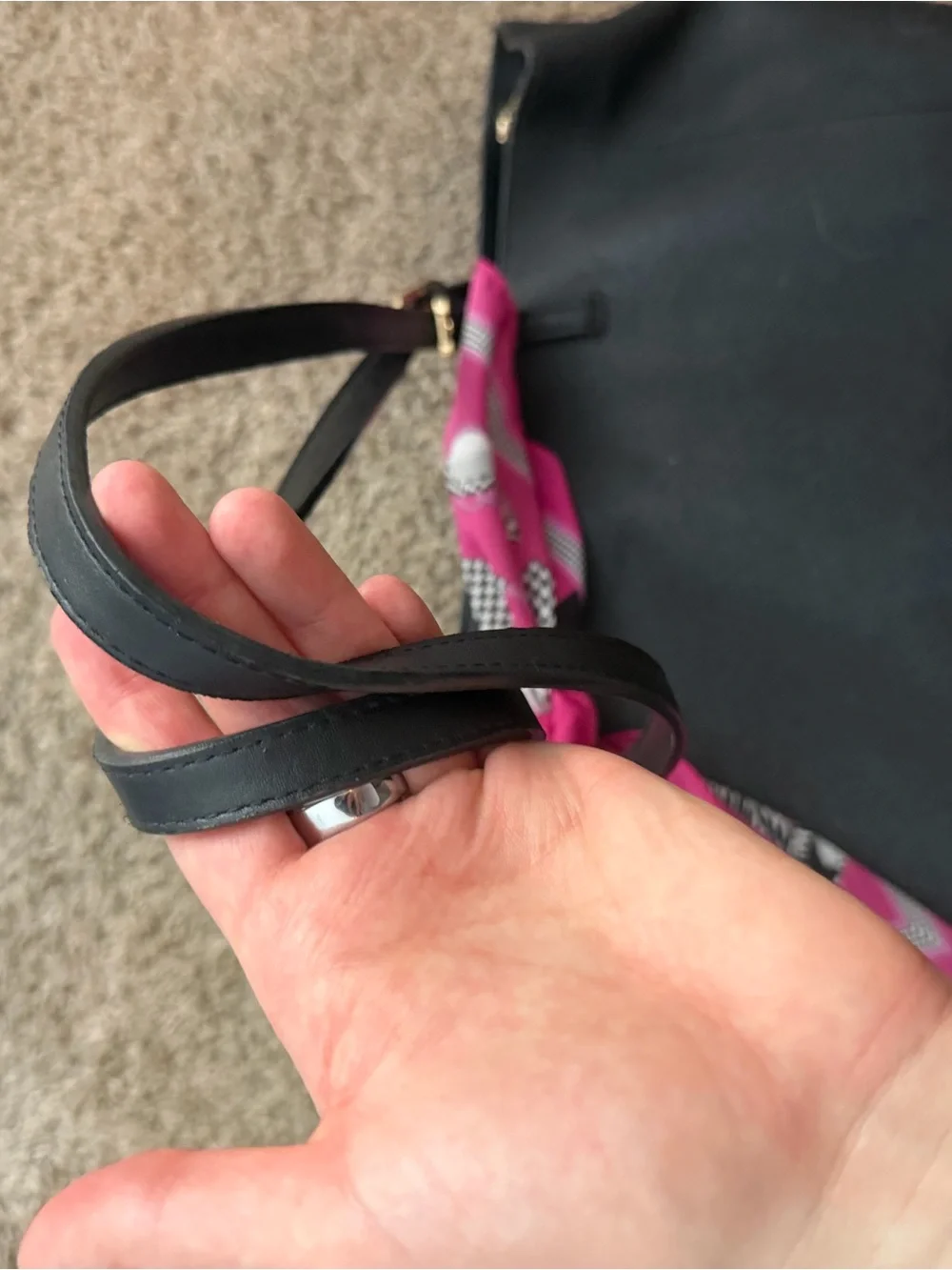 Tory Burch Black Leather Tote with Pink Scarf Accent
